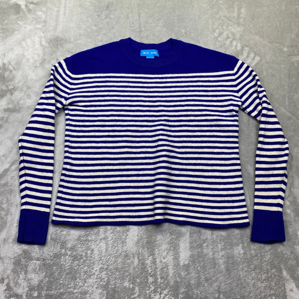 MIH Jeans Blue White Stripe Merino Wool Crew Neck Sweater Made in Portugal Sz M